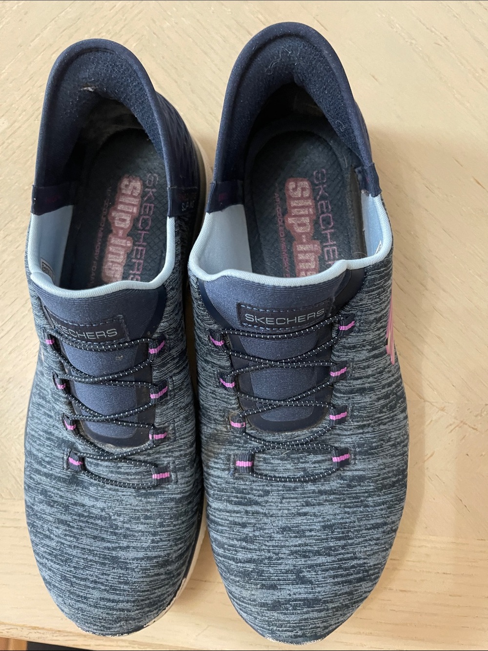 Skechers Women's Gray Knit Slip-On Sneakers with Pink Highlights